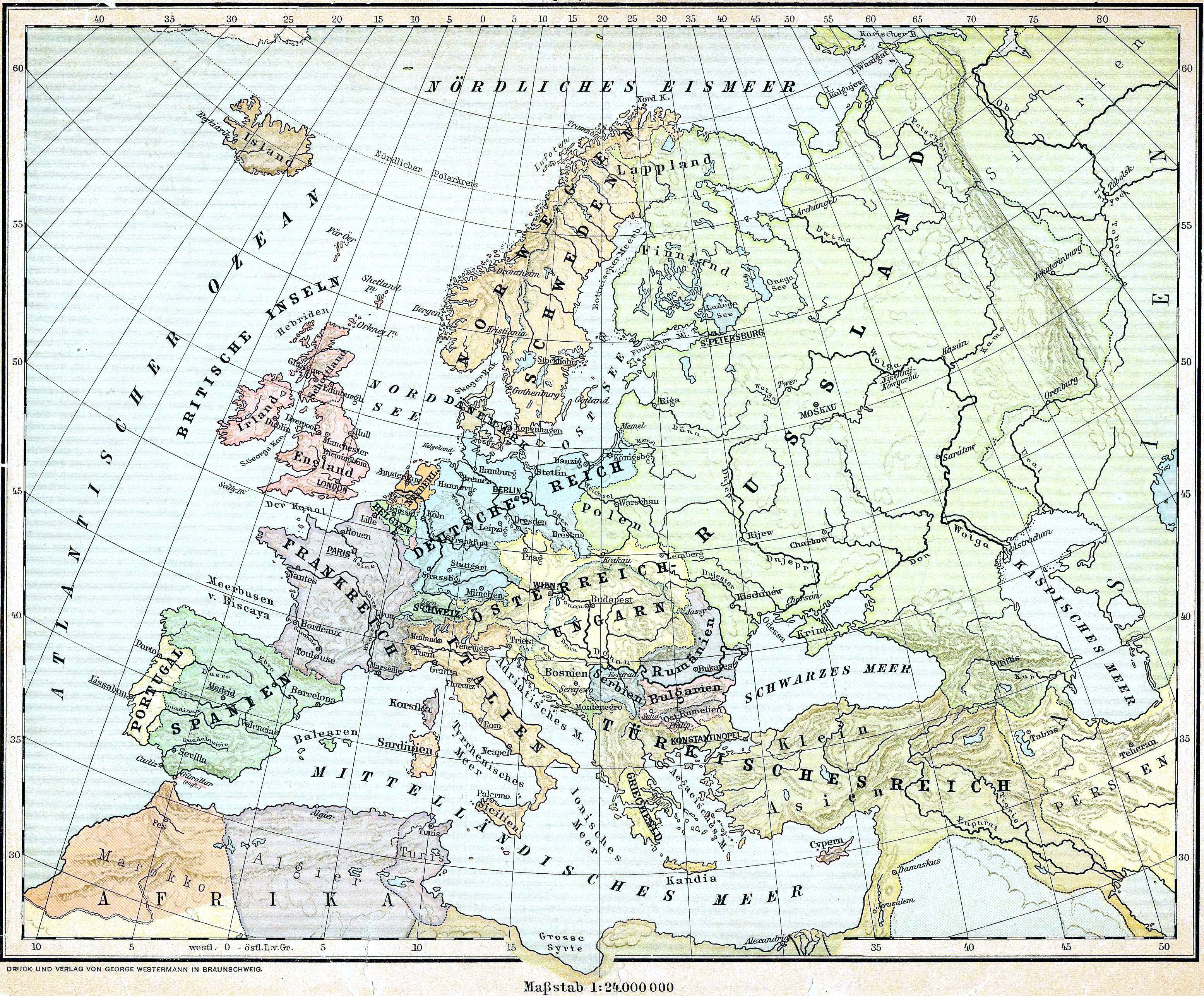 Historische Karte Europa: Europakarte von 1899